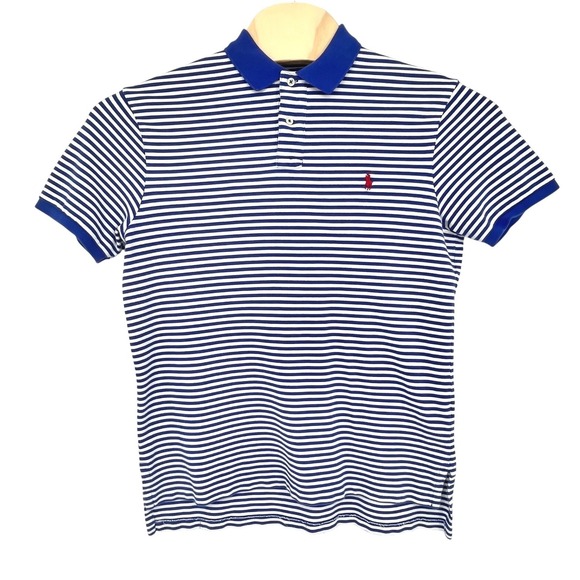 Polo Ralph Lauren Mens Large Polo Shirt Custom Fit Striped Blue White Preppy - Picture 2 of 7
